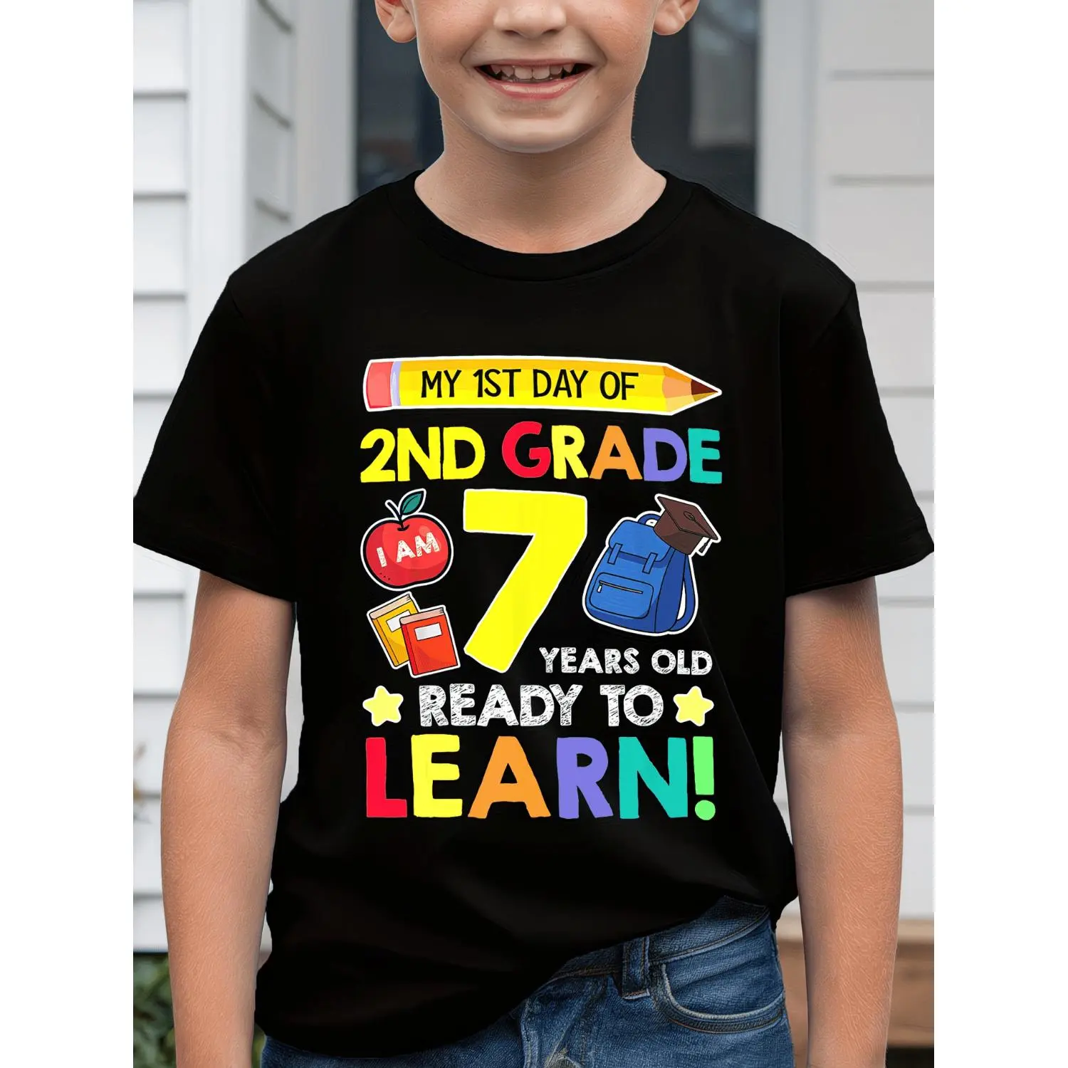 2nd Grade Back to School T-Shirt- "My First Day of 2nd Grade" Design with Pencil, Apple, and Backpack- Black Cotton Short Sleeve Crew Neck Casual Top for Young Students- Perfect Gift School Clothing for Young Students |   Youth T-Shirt, Perfect for Outdoo
