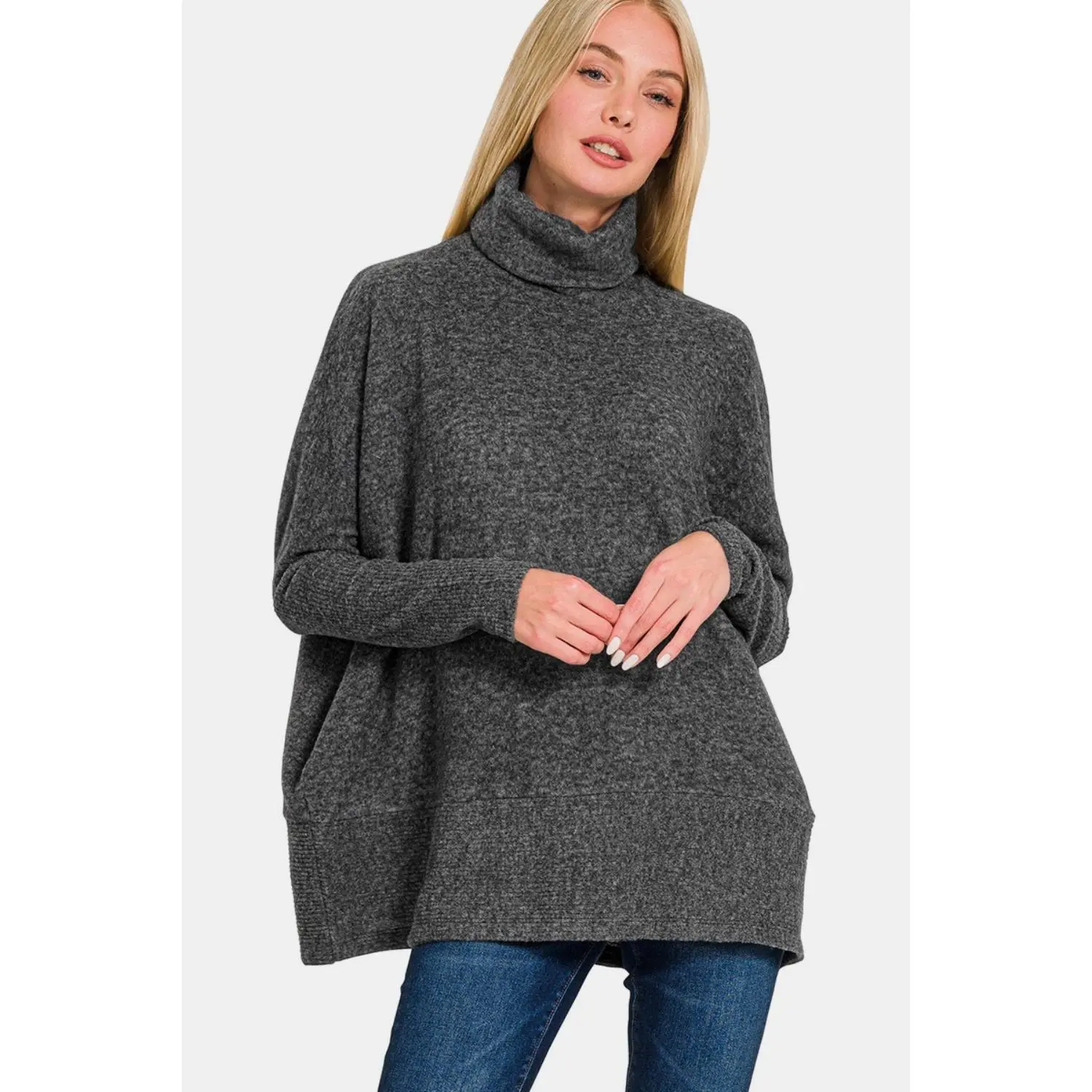 Zenana Full Size Brushed Melange Hacci Turtleneck Sweater