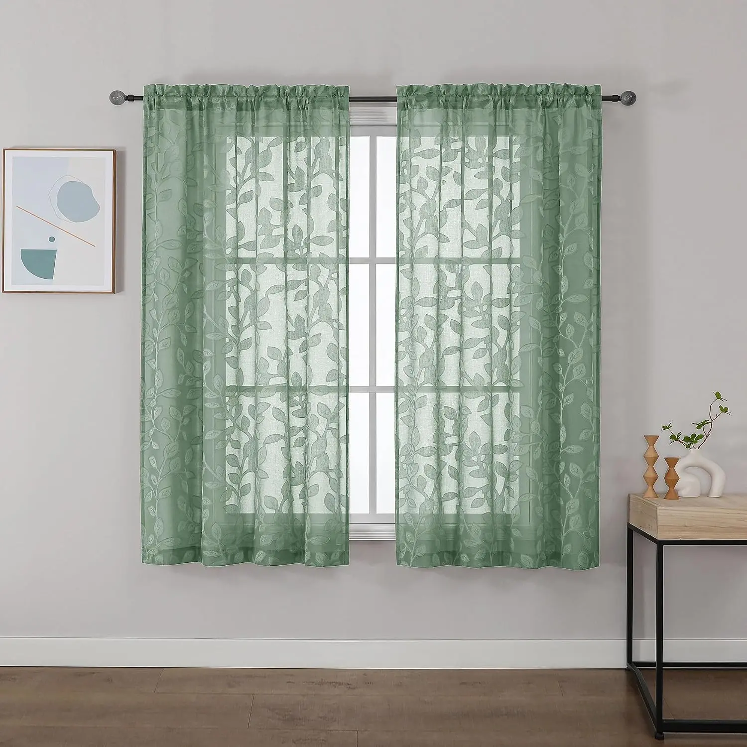 Sage Green Sheer Curtains 54 Inches Long 2 Panels Jacquard Leaf Pattern Textured Light Filtering Semi Sheer Voile Drapes for Bedroom Living Room Each 42 x 54 Inch