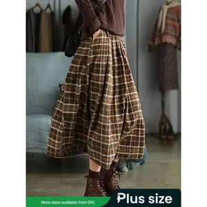 Plus Size Women's Casual Holiday A-Line Long Dress, Plaid Print, Elastic Waist, Pocket Design, Fall Winter Bestseller