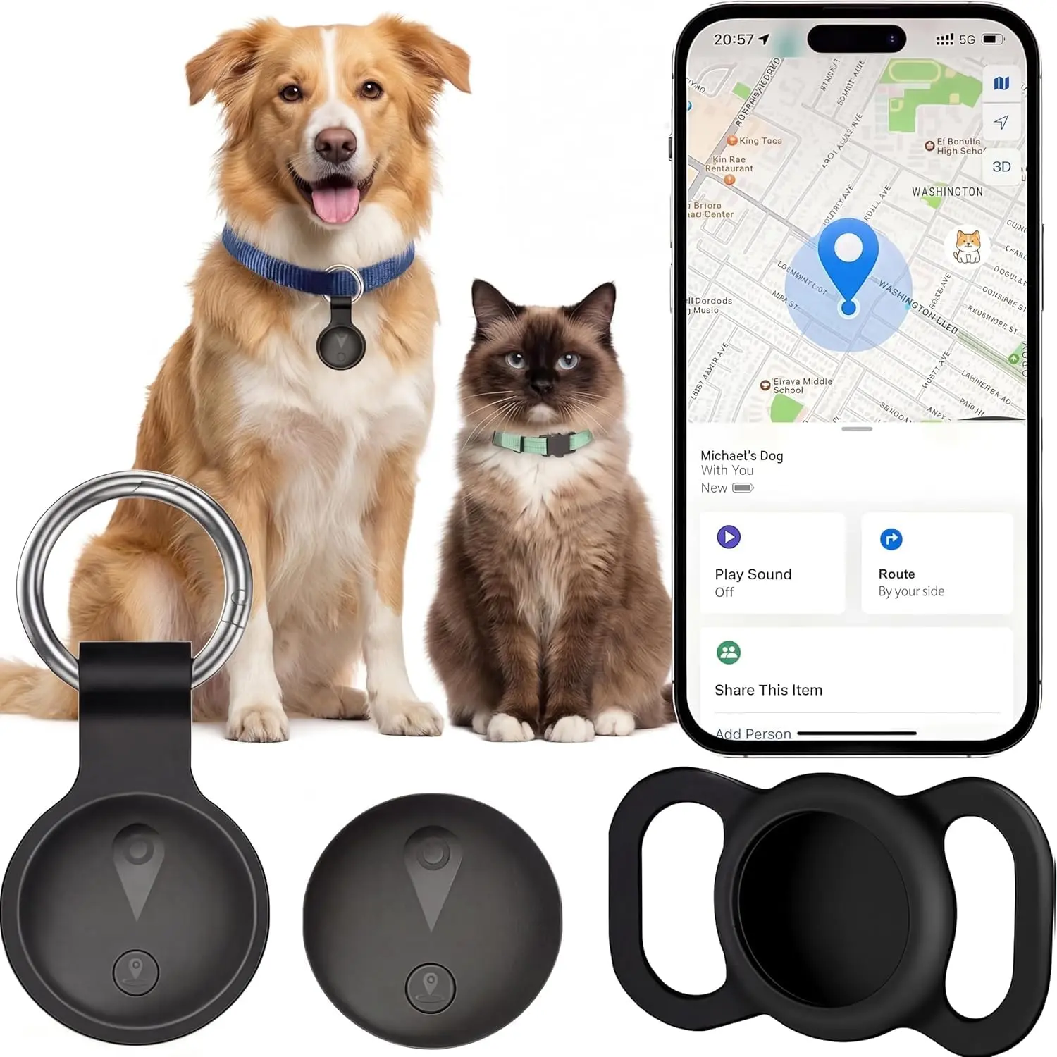 Wireless Pet GPS Tracker Collar - for Cats and Dogs,Compatible with iOS "Find My" Feature, Includes SiliconeCollar Mount & Keychain Case, No Monthly Fee/SIM CardNeeded, Anti-Loss Device for Pets & Items