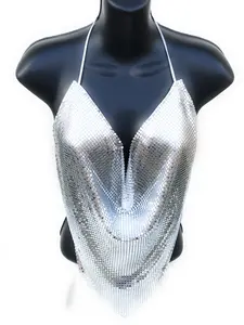 Women's Metal Mesh Halter Top Sexy Shiny Party Nightclub Wedding Prom Tops V Shape Cut in The Bottom