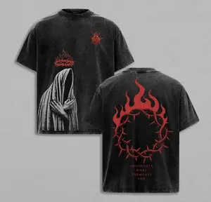 valentine shirts Annihilate What Torments You Cloaked Figure Vintage Washed Tee, Oversized Unisex Heavyweight Gothic Horror T-shirt Jesus Tee Flame and Thorns Art Gothic Streetwear Creepy Angelcore Aesthetic