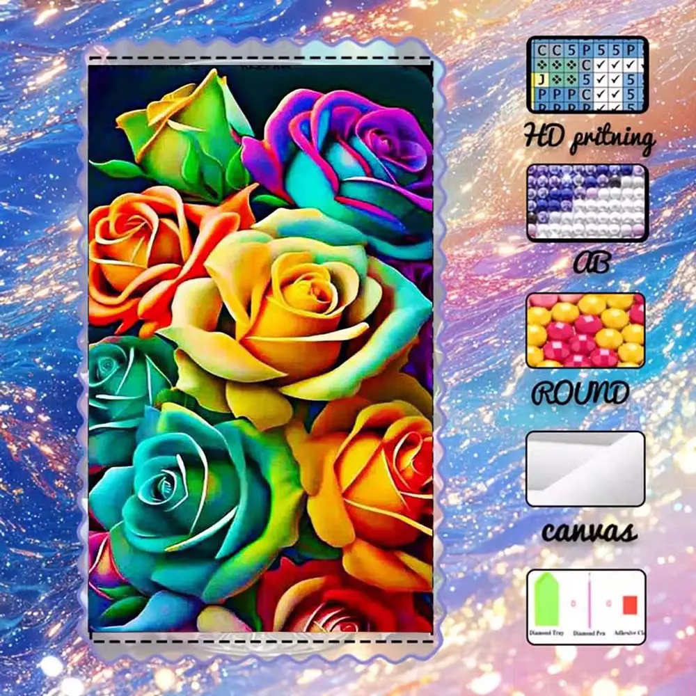DIY 5D flocked diamond painting kit, AB diamonds, fairy dust diamonds, crystal diamonds, roses, colorful petals, Flower Embroidery, diamond embroidery, special craft Handicraft diamond art kit, wall decoration, gift for family, loved ones, friends.