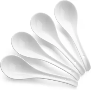 Soup Spoons, Ceramic Asian Soup Spoons, White Japanese Spoon Large for Ramen Pho Wonton Dumpling Miso, Deep Oval Hook Design, Set of 4 (4, Soft white)