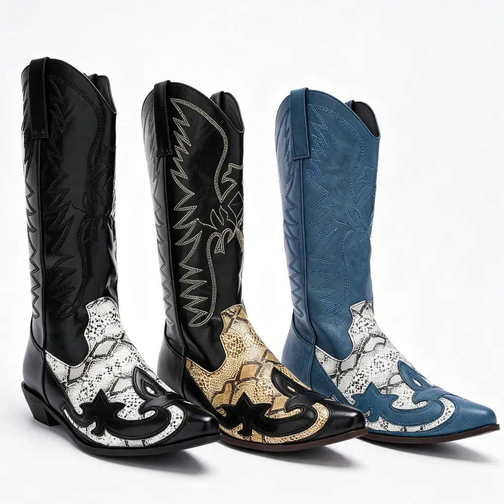 Unisex Western Cowboy Boots - Pointed Toe Embroidered Mid-Calf Pull-On Shoes with Decor, Closed Design, Punchy Western Outfit Fit, Retro Style, 5-Color Festival Footwear for Men & Women