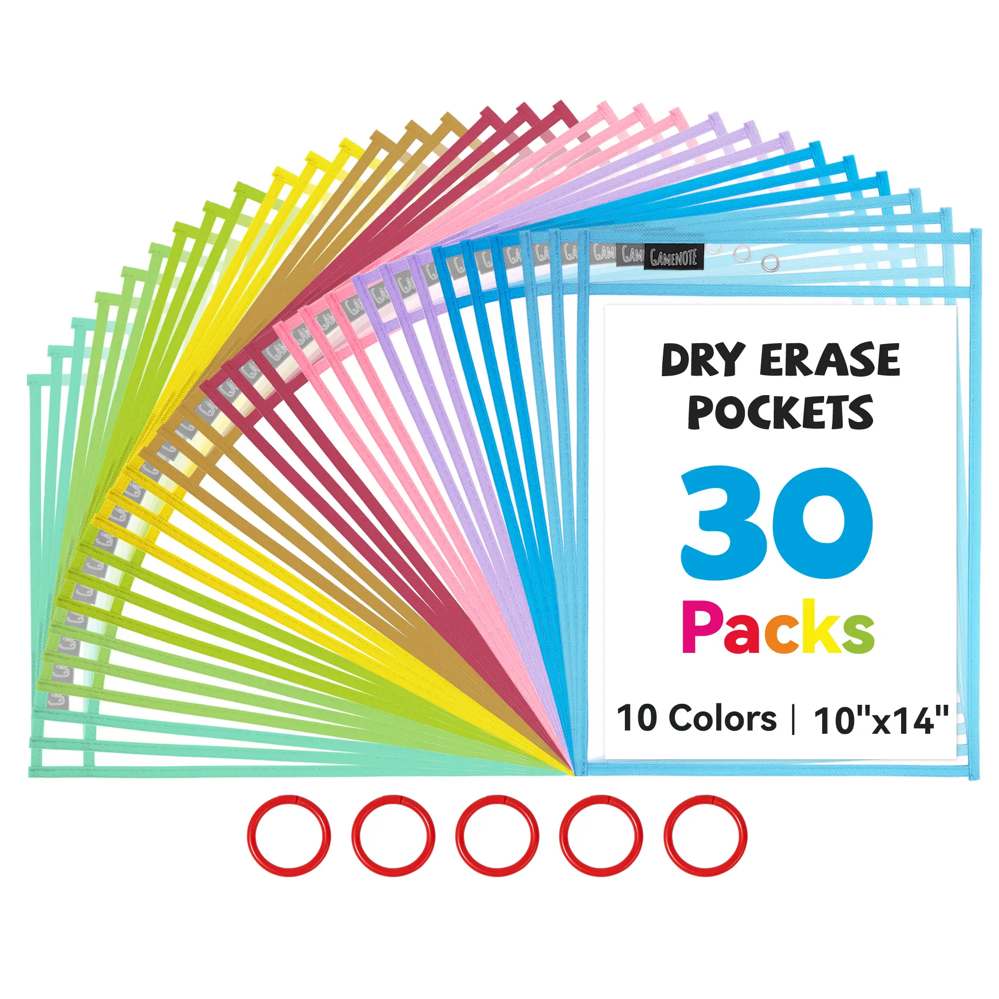Gamenote 30 Packs-10 Macaron Colors 10x14in Letter Size Oversized Dry Erase Pockets, Reusable PVC Sheet Protectors with Ring Binders, Teacher Must Haves for Homeschool Classroom Organization & Wall Hanging Office Stationery