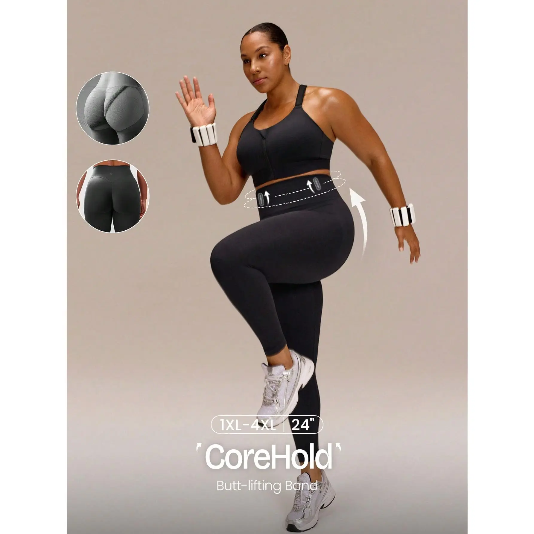 GLOWMODE Plus Size 24" Ultrafine Soft Seamless Training Day Tummy Control Scrunch Butt Lifting Anti-Roll Leggings Medium Impact Running Jogging Training Workout Gym Wear