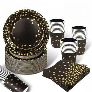 This black and gold party 51-piece disposable tableware set, Disposable dinnerware, includes 10 dinner plates, 10 dessert plates, 10 paper cups, 20 napkins, and one tablecloth, perfect for camping, picnics, garden barbecues, weddings, and birthda
