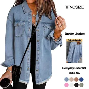 Jean Jackets for Women Ripped Fringe Denim Jean Jacket Casual Long Sleeve Pockets Jackets Coat Fabric Fashion Womenswear Soft -Back to School Outfit ldea. Basic OuterwearGift