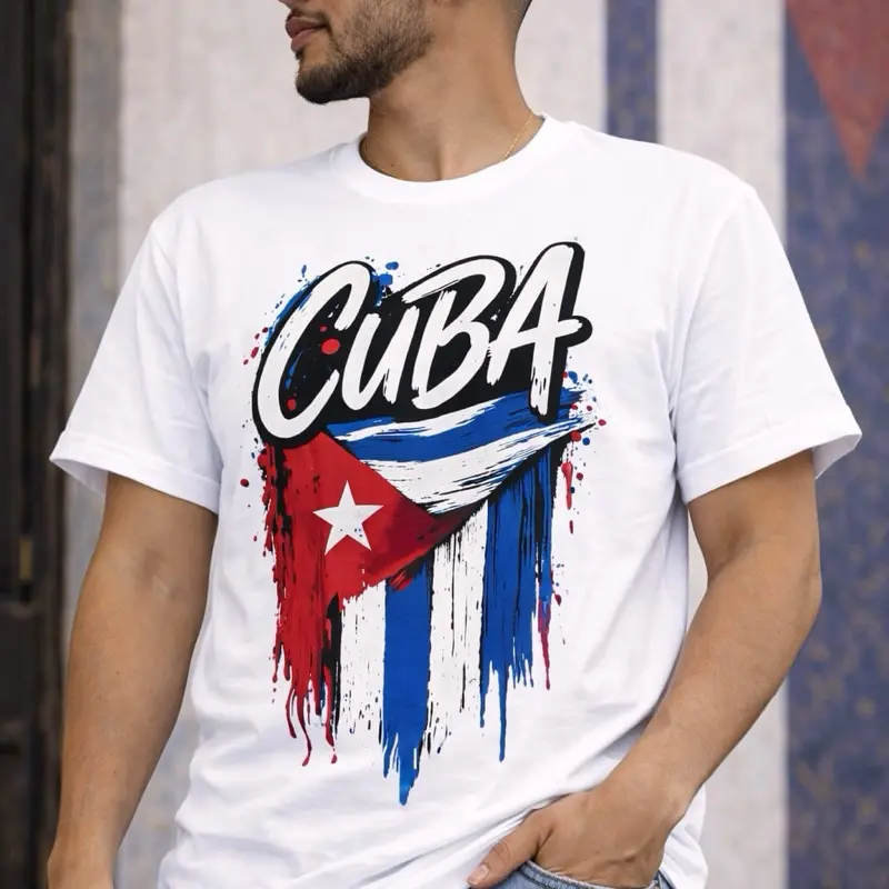 Cuba Flag T-Shirt - White Crew Neck Short Sleeve with Bold Cuban Flag Design for Men Casual Menswear