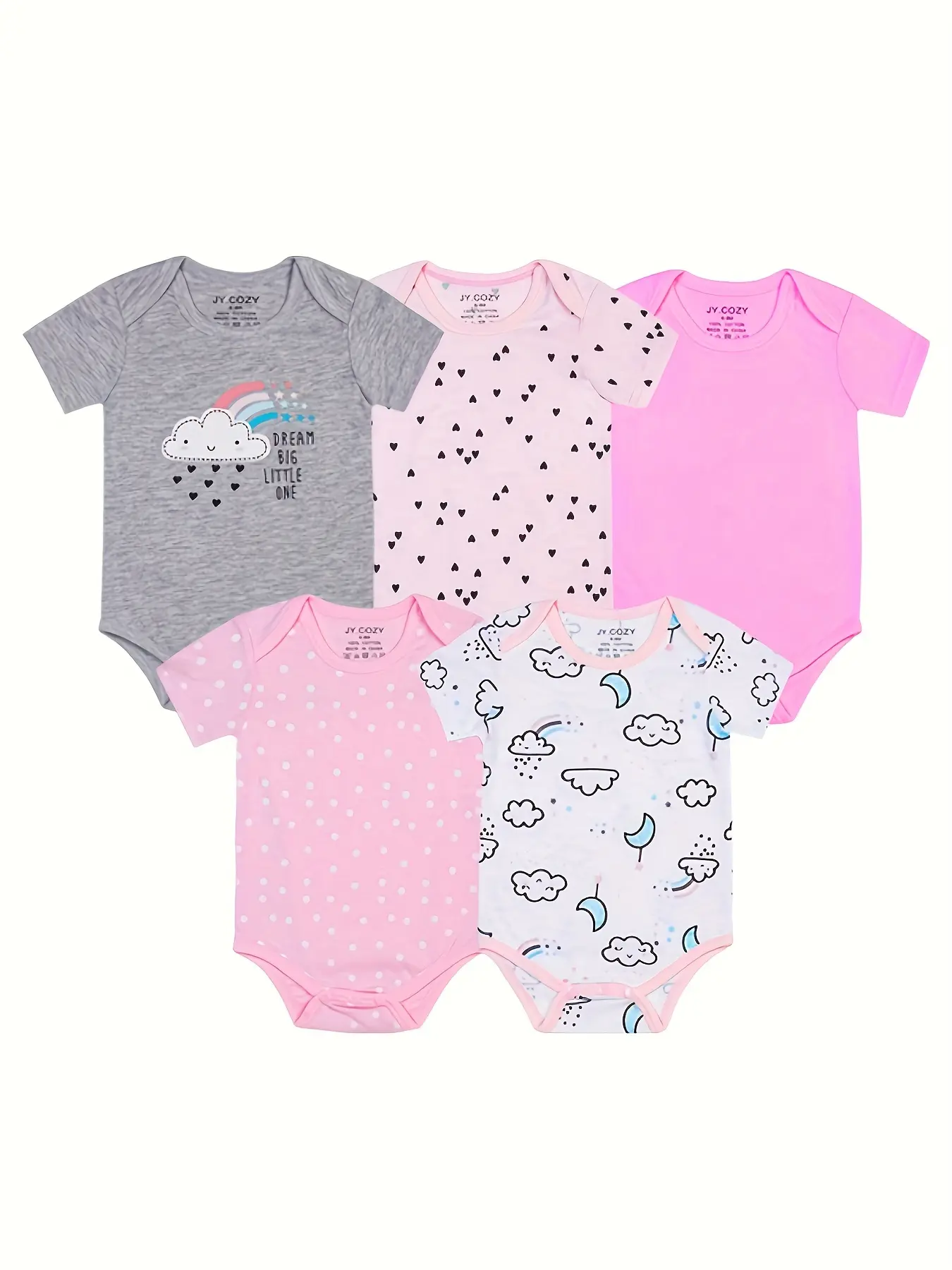 JY.COZY Baby Girl Clothing, Organic Cotton 5-Piece Pink & Gray Bodysuit Set, Newborn-Infant Homewear Pajamas Rompers, Baby Clothing, Newborn Onesies, Rompers Set, Bodysuit Pack, Hypoallergenic, Unisex, Cute Look, Cotton Bodysuits