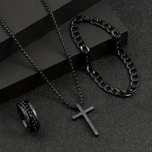 Men's Cross Necklace, Ring, & Bracelet Set