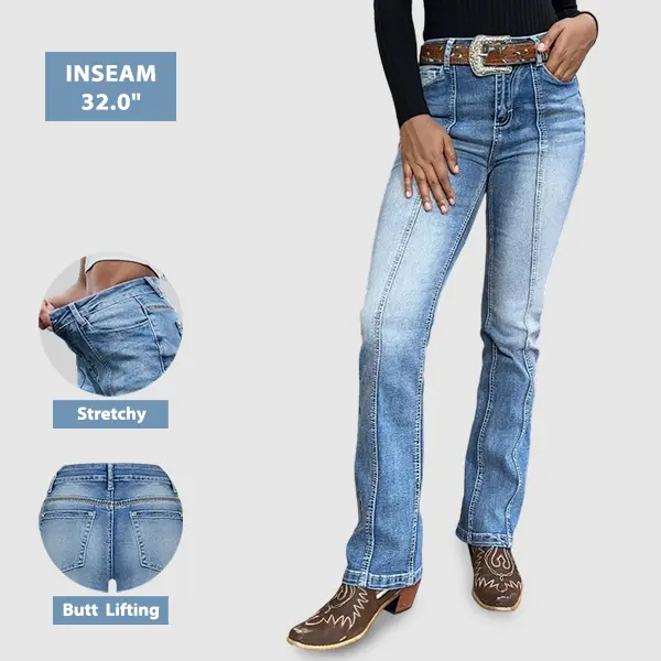 Flamingals Stitch Detail High Waist Bootcut Jeans Without Belt