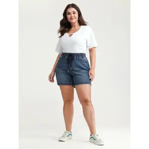 BLOOMCHIC Women's Plus Size Fitted Stretchy Contrast Drawstring Skinny Denim Shorts, Cotton-Spandex Fabric Garment, Basic Clothes with Pocket, M-6X, Blue Bottom 2026 Summer Vibes Womenswear Swimweek