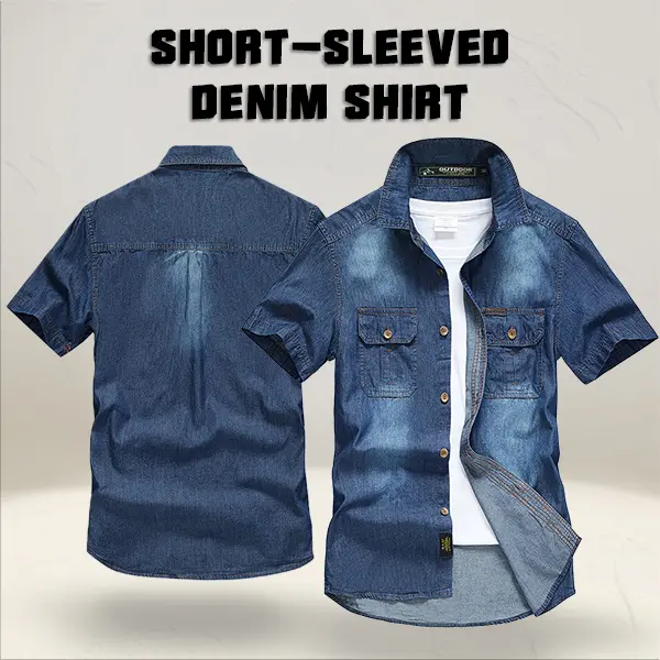 Men’s Short-Sleeve Washed Distressed Denim Mid-Length Shirt - Vintage Workwear Tops with Double Chest Pockets, Breathable Fabric, Slim Fit, Suitable for Everyday Wear & Outdoor Casual Activities