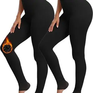 2 sets of Women thermal stretch fleece lined thick Black leggings - one size fits small to medium