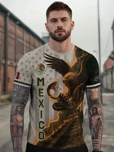Mexican Eagle Lighting Aztec Pyramid Heritage Cultural Pride Shirt, Fitted Short Sleeve Top, All Seasons Wear, Letter Pattern Design