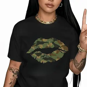 Women's Camo Lip Print T-Shirt, Soft Knit, Breathable & Machine Washable, Casual Round Neck Short Sleeve Top for All Seasons | Bold Camouflage Design, Black with Green & Brown Accents