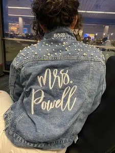 Bridal Denim Jacket with Pearls embroidered for you, Wedding Bridal Denim Jacket, Bride Denim jacket with pearls, Date under the collar jacket, Personalized jacket-autum