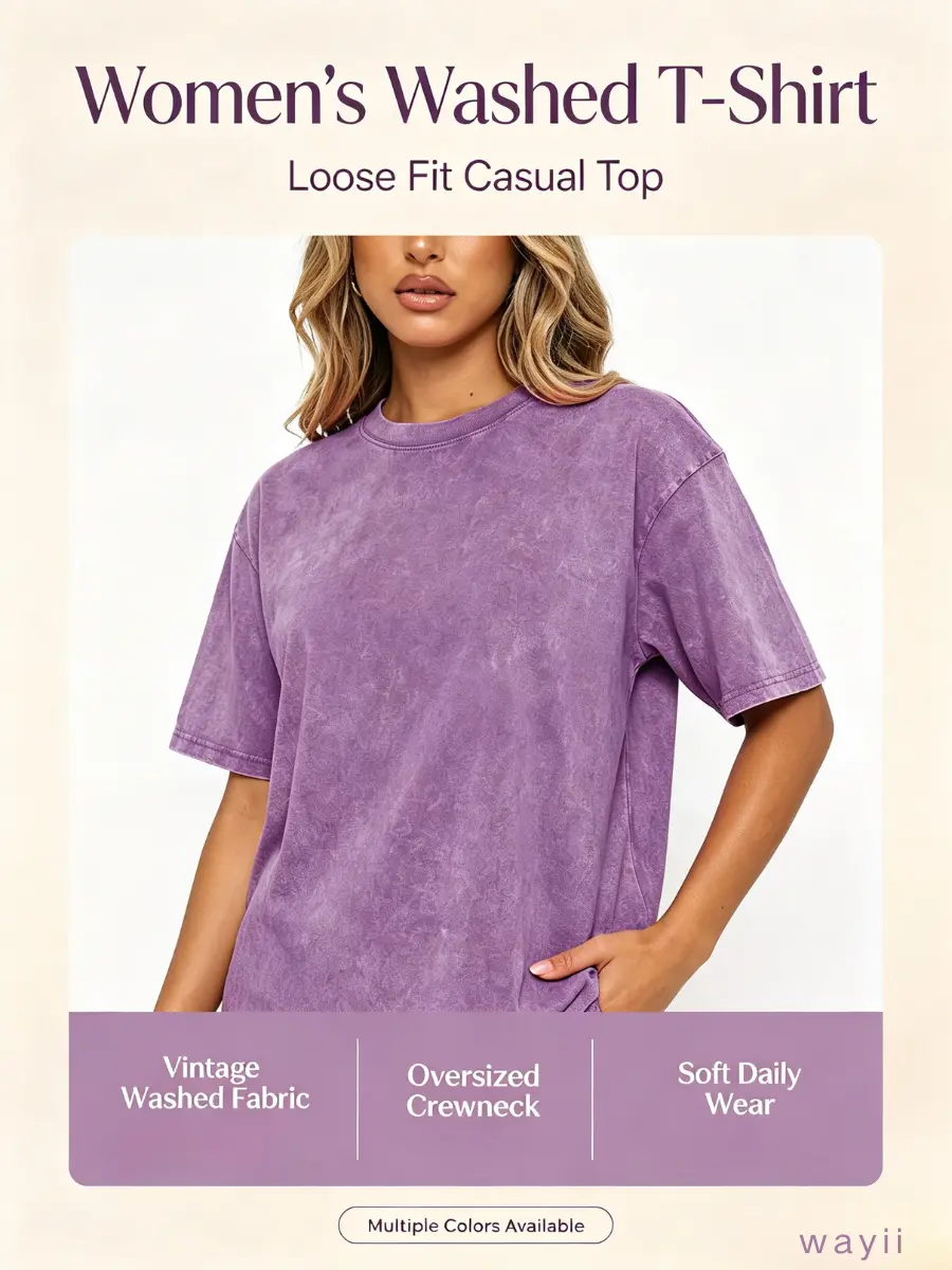 Wayii Women's Vintage Acid-Wash Cotton T-Shirt, Comfortable Loose Fit Round Neck Tee, Breathable Piece for Casual Gym and Streetwear