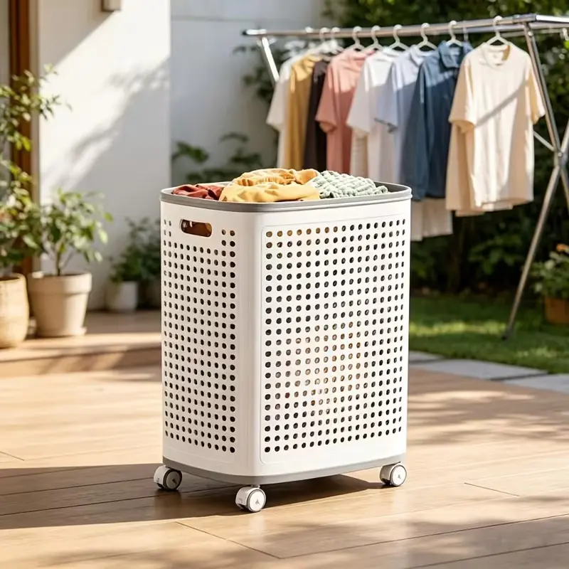 18.49gal Large Capacity Breathable Laundry Basket With Lid - White Plastic Rolling Storage Bin Organizer With Wheels For Clothes (Laundry Room), Bedding (Bedroom), Laundry Baskets