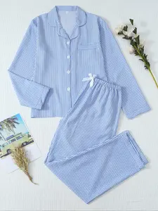 Women's Sleepwear Loungewear Set, Sweet Casual Fitted Home Clothes, Long Sleeve Woven Nightshirt with Bow Pants, Pocket Design, Elegant Striped Pajamas