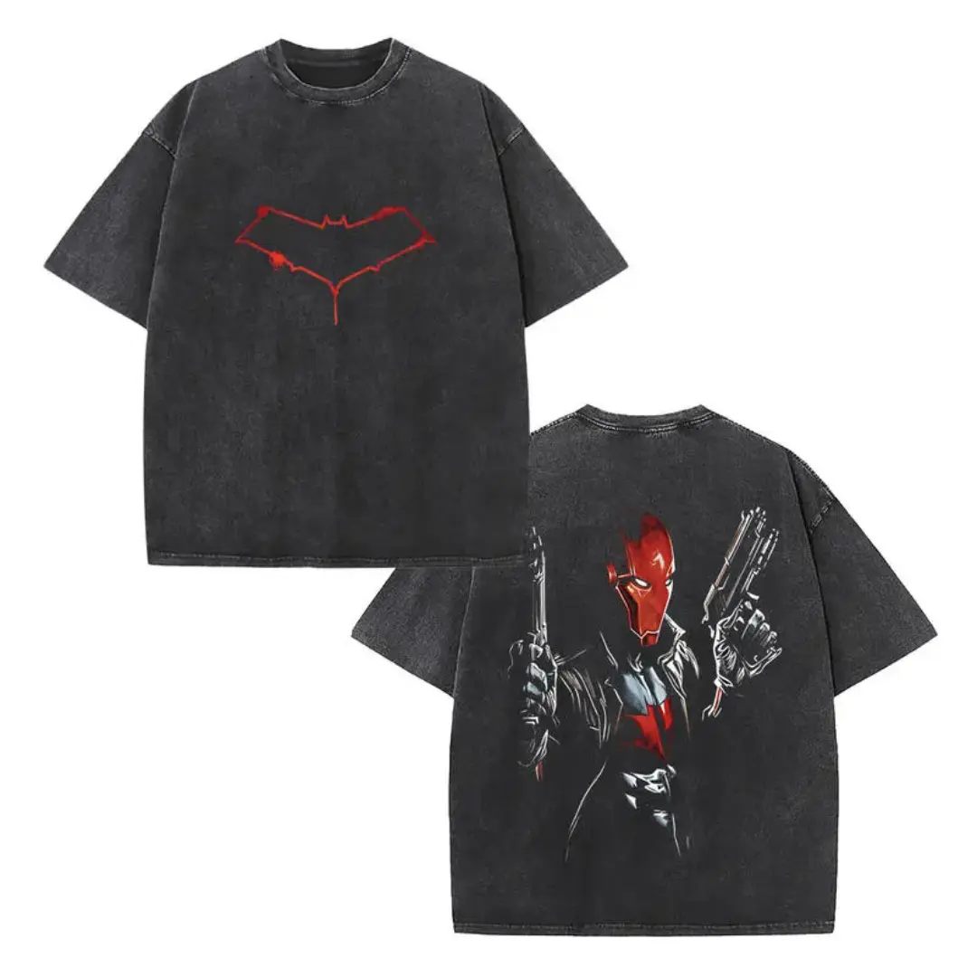 Retro Red Hood Blood Drip Red Bat Emblem Front Chest Print & Dual Pistol Muscular Red Hood Bust Character Dark Grunge Background Back Graphic Dual-Sided Vintage Washed Black T-Shirt, Unisex Oversized Heavyweight Cotton Streetwear Top