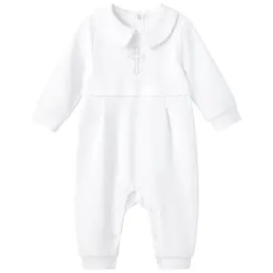 pureborn Baby Boys Baptism Romper Cotton Long Sleeve Christening Jumpsuit For Infant Boy Baptism Outfit White 0-3 Months