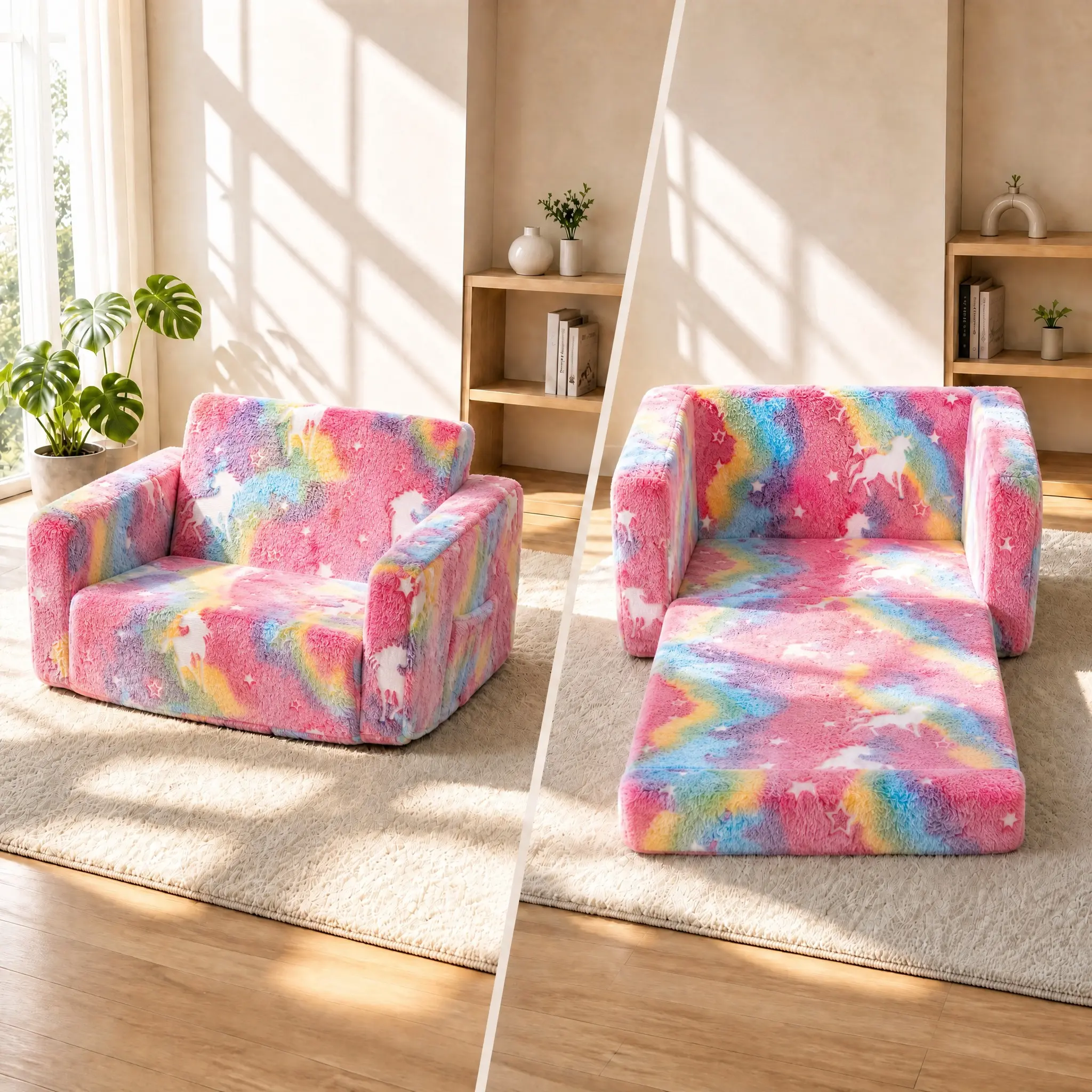 Cute Cartoon Pink Unicorn Pattern Kids' Foldable Sofa Chair - Fixed Arms, Comfy Flannel Fabric, Machine Washable, Perfect Size for Kids, Toddler Armchair for Boys' Bedroom, Cozy Story Time Essential, Fun Furniture