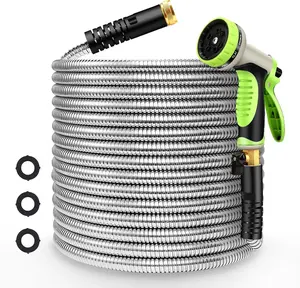 Metal Garden Hose 100ft Flexible Water Hose Stainless Steel Heavy Duty Lightweight Durable  Kink Free Extra Long Hose Pipe with 10 Way Nozzle for Outdoor Outside Lawn Yard