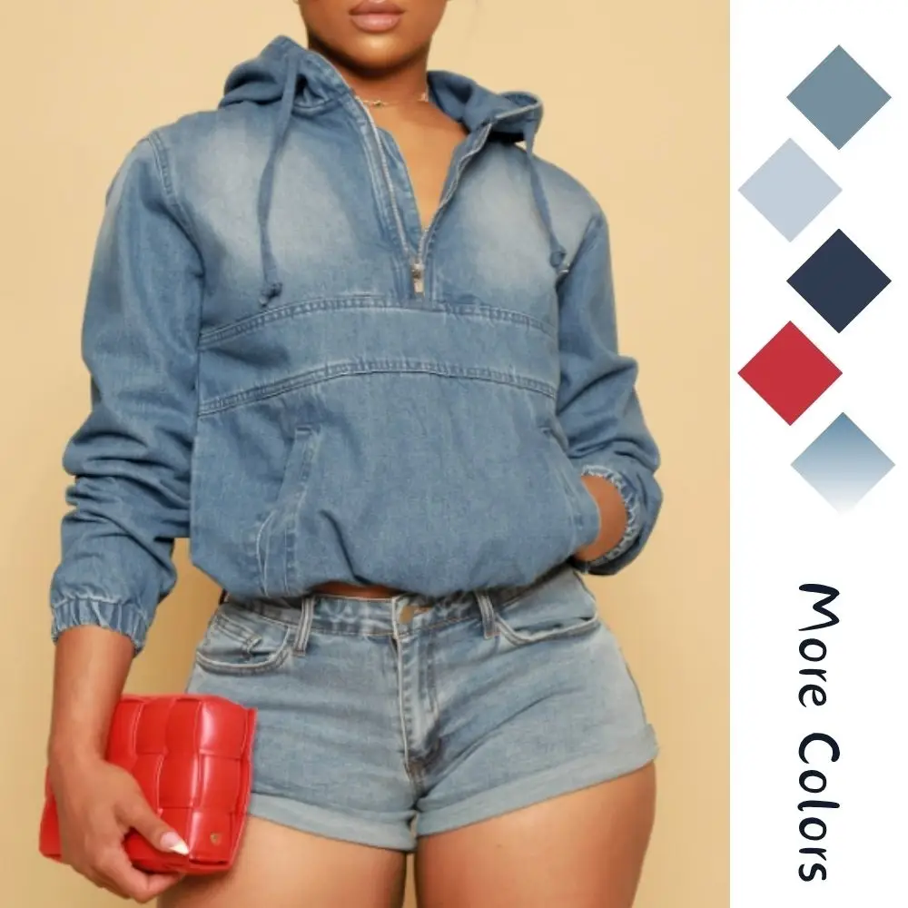 Women's Half Zip Denim Hoodie Pullover Jacket Jean Tops