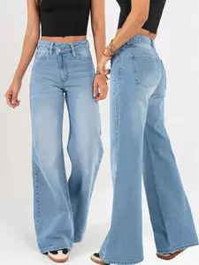 Women's Asymmetric Mid-Waist Wide Leg Fitted Jeans, Zipper Pocket Design, Casual Fashion for All Seasons, Limited Time Purchase Essential