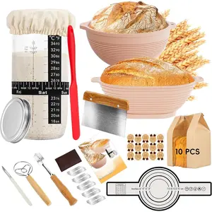 Sourdough Starter Kit, 24 count Sourdough Bread Baking Supplies, 9"Round & 11"Oval Banneton Bread Proofing Basket, Bread Sling, Starter Jar, Whisk, Scrapers, Bread Lame, Bag, Sour Dough Making Tools Kit