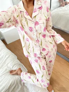 Women's Long Sleeve Pyjama Set, Tulip Flower All over Print, Soft Breathable Home Wear, Casual Loose Fit, Ankle Length, Spring & Fall