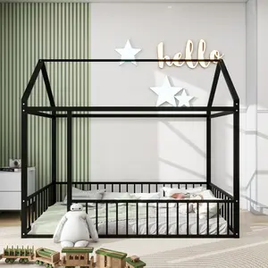 Twin Size Metal Floor Bed Frame House Bed Frame with Fence and Roof