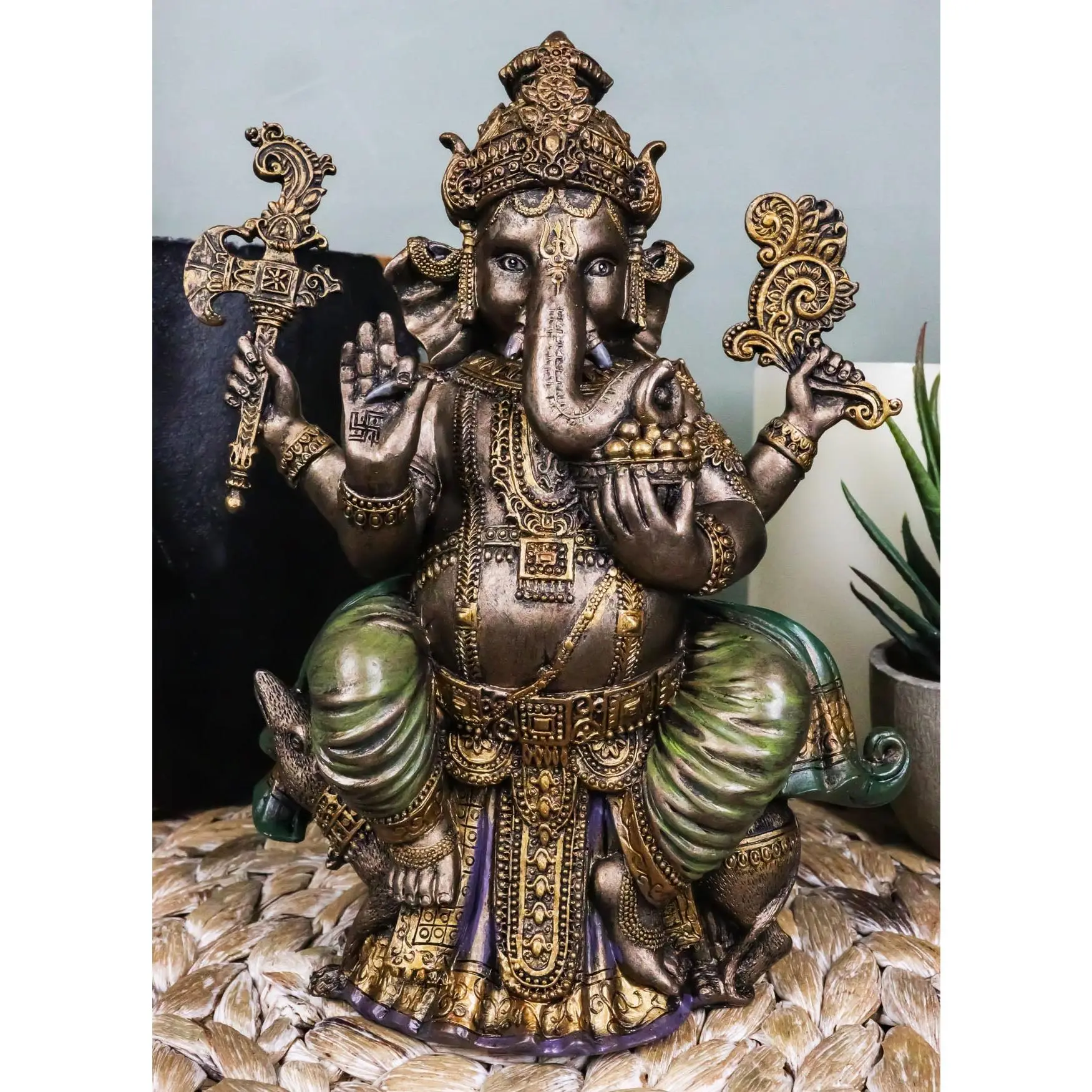 Seated Lord Ganesha Statue - Hoysala Empire Ganapati Elephant God on Throne, 8" Tall 6" Long Hindu Religious Decor, Indoor Home Supplies Gift for Hinduism Enthusiasts