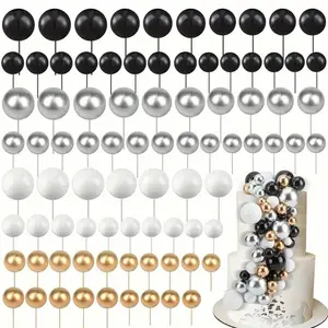 50/120pcs Colorful Balls Cake Toppers, Foam Ball Cake Decorations, Ornaments, Ball Shaped Cake Insert Topper Ball Baking Decoration Wedding Anniversary Birthday Christmas, Halloween, Thanksgiving Gift (Black, Silvery, White, Golden)