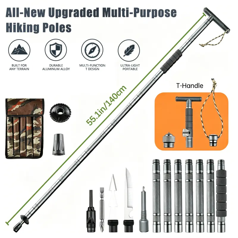 Hiking pole, detachable, lightweight hiking pole, unisex, tactical survival trekking pole with multifunctional tools, shock absorption, quick length adjustment, suitable for hiking trips and outdoor adventures, off-road carrying bag