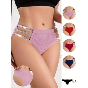 [Sexy Bikini Underwear] 5pcs Comfortable And Breathable Low Waist Women's Underwear, Hollow Shiny Belt Panties, Sexy Bikini Underwear, Soft And Close-fitting Daily Briefs, Elegant And Chic Knicker, Nylon Blend SpringStatements Mixed Color