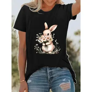 Women's Easter Bunny Holding Flowers Print T-Shirt - Stretch Polyester Blend Casual Vacation Tee, Short Sleeve Round Neck Spring Summer Top, Machine Washable, Rabbit Clothes, Festive Attire, Playful Design, Durable Fabric