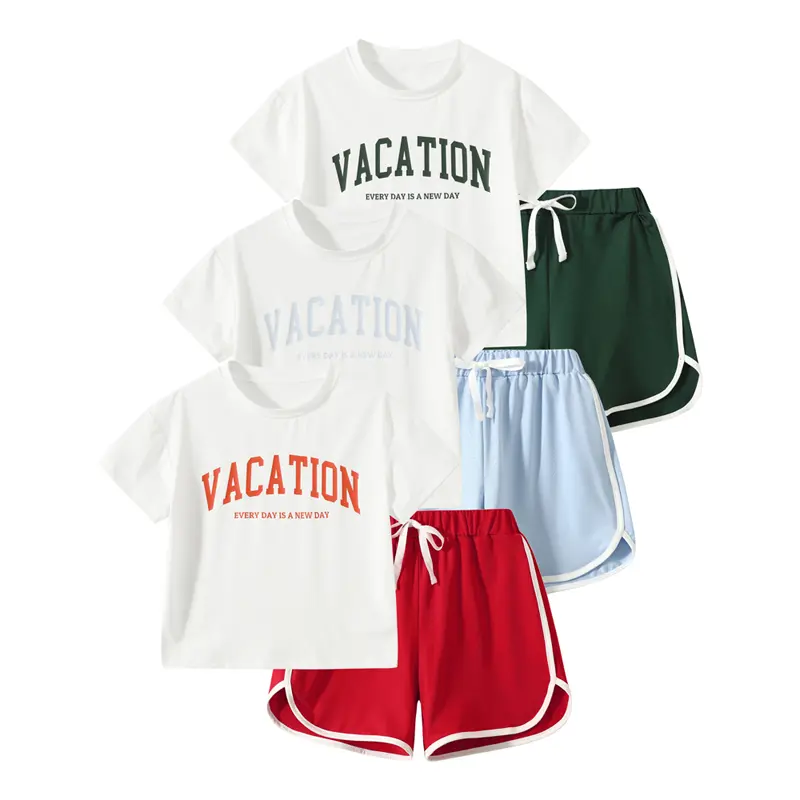 #SummerVibes 6-piece girls' summer sports short-sleeved shorts leisure suit girls' round neck comfortable letter printed solid color sports shorts suit Activewear Sporty Style Clothes