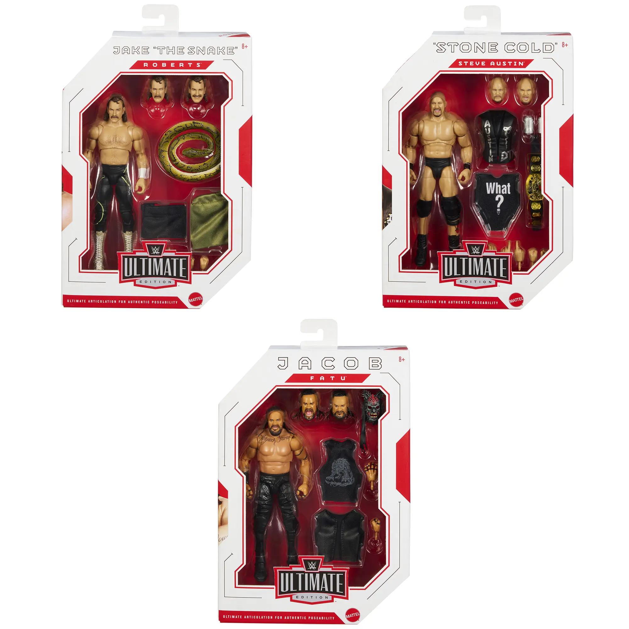 WWE Ultimate Edition 32 - Set of 3 (Stone Cold, Jacob Fatu & Jake Roberts) Mattel WWE Toy Wrestling Action Figures
