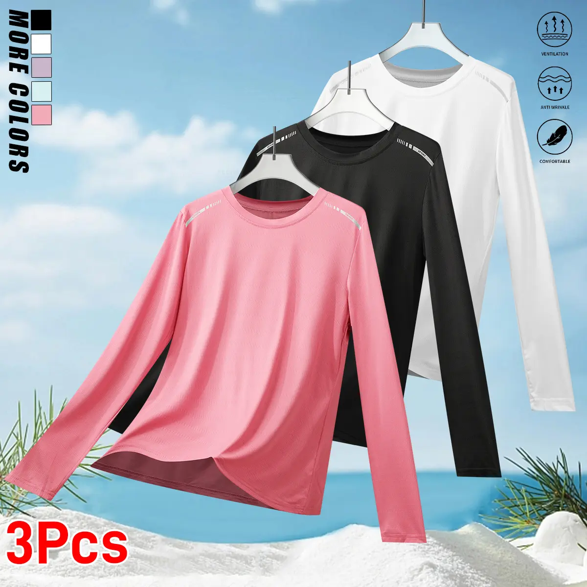 3PCS women’s quick-dry breathable long-sleeve T-shirts, ideal basic training wear.Comfortable and breathable, with reflective stripes—perfect for everyday casual wear and various sports activities.