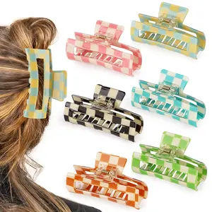 4/6 pcs Checkered Hair Claw Clips for Thin Thick Hair Checkered Hair Clips Acrylic Small Claw Clip with Strong Hold for Women Girls Long Short Hair(4.1x2.1'', Multicolor)