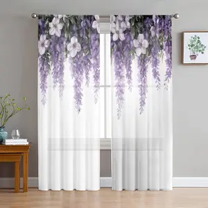2D Flat 2Pcs floral vine pattern curtains, purple wisteria print sheer, privacy protecting window drapes for living room, bedroom, home decor, elegant decorative curtains, Home Decoration Curtain.