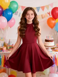 Girls Burgundy Halter Neck Sleeveless Dress, Elegant Princess Gown with Waistline Detail, Perfect for Parties & Events