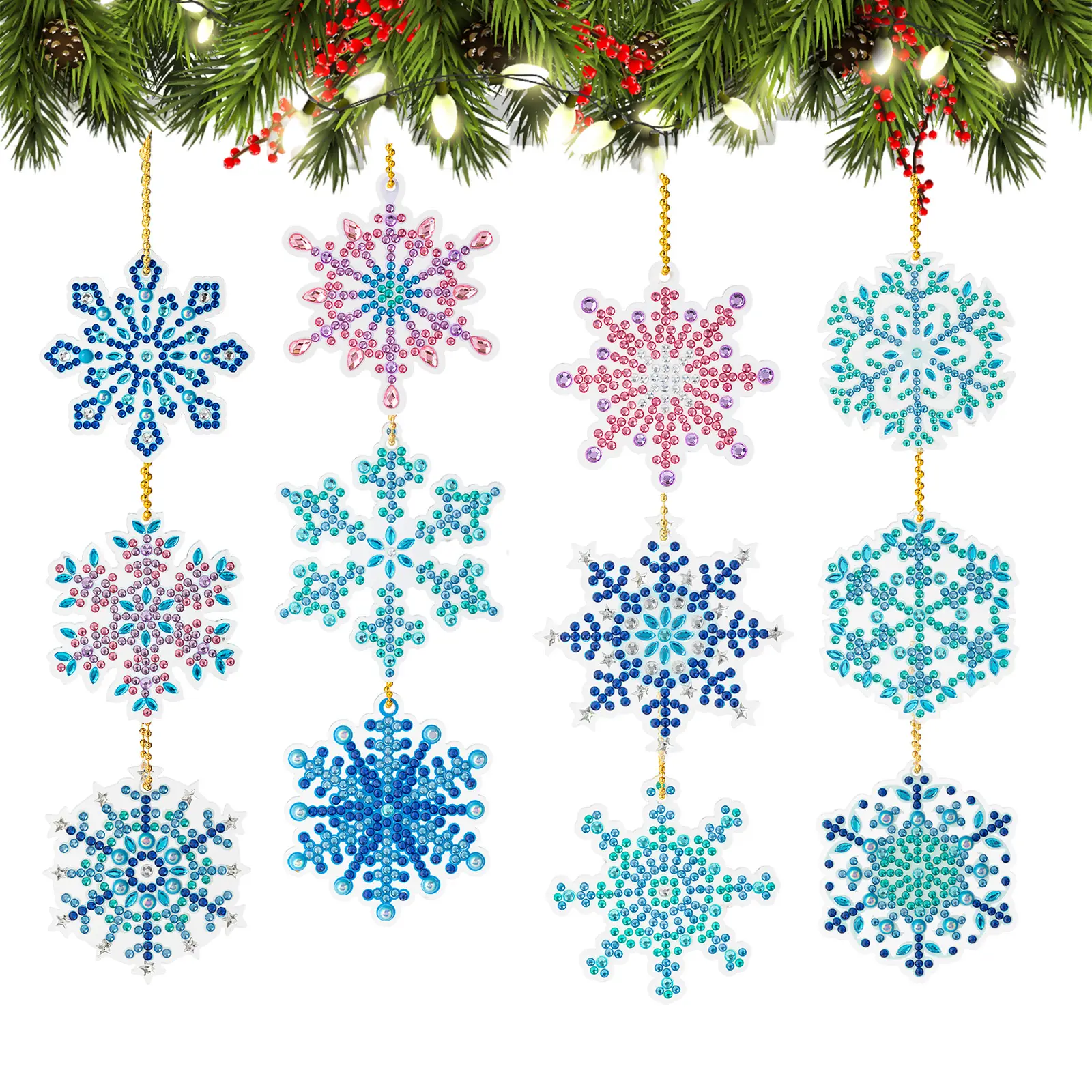 12PCS Shiny Snowflake Diamond Painting Hanging Ornaments, Colorful AB Rhinestones Crafting Kits, DIY Needlework Decor for Christmas Tree & Home, Christmas in July Gift
