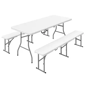6FT 3 PCS Portable Camping Table and Chairs Folding Picnic Table Bench Set with Carrying Handles for BBQ Party White HDPE Benchtops Powder-Coated Metal Frames Non-Slip Pads