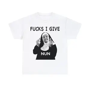Nun Middle Finger F*ck I Give T-Shirt, Funny Meme Genz Dank Graphic Shirt, Vintage Style Parody Tee, Top Menswear Streetwear Crewneck
